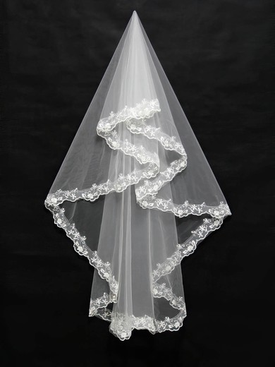 Three-tier White/Ivory Fingertip Bridal Veils with Embroidery #UKM03010163
