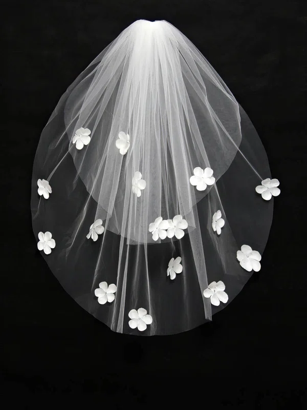 Two-tier White/Ivory Elbow Bridal Veils with Beading/Satin Flower #UKM03010165