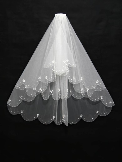Three-tier White/Ivory Fingertip Bridal Veils with Faux Pearl/Beading #UKM03010167