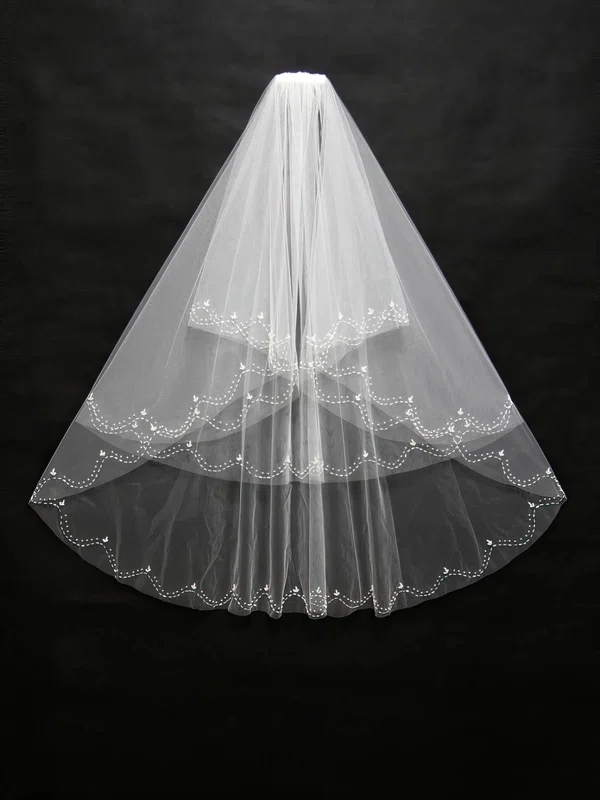 Three-tier White/Ivory Fingertip Bridal Veils with Beading #UKM03010168