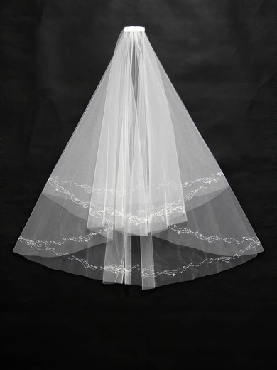 Three-tier White/Ivory Fingertip Bridal Veils with Beading #UKM03010171