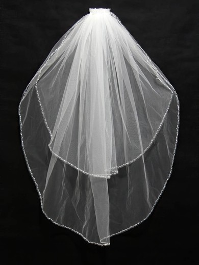 Two-tier White/Ivory Fingertip Bridal Veils with Beading #UKM03010172