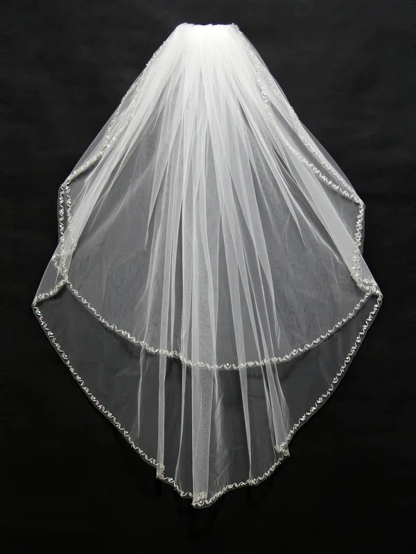 Two-tier White/Ivory Fingertip Bridal Veils with Beading #UKM03010173