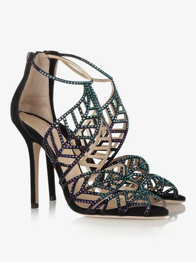Women's Black Suede Pumps with Zipper/Crystal #UKM03030339