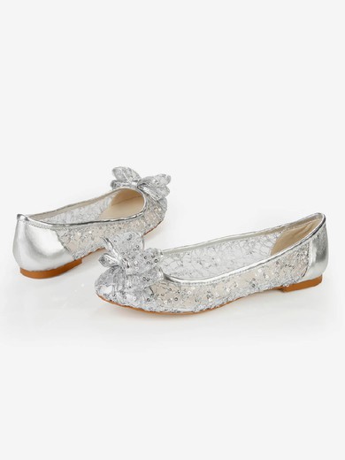Women's Silver Real Leather Flats with Bowknot/Sequin #UKM03030383