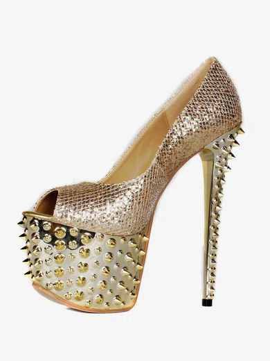 Women's Champagne Sparkling Glitter Pumps with Sparkling Glitter/Rivet #UKM03030406