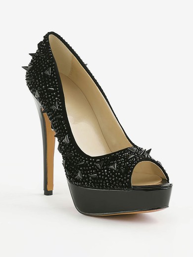 Women's Black Suede Pumps with Crystal/Rivet #UKM03030410