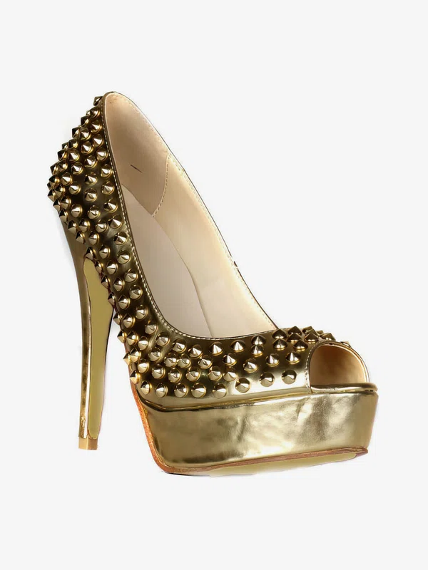 Women's Gold Patent Leather Pumps with Rivet #UKM03030411