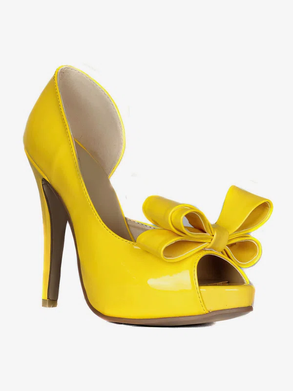 Women's Yellow Patent Leather Pumps with Bowknot #UKM03030420