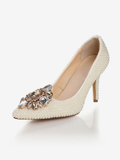 Women's Ivory Patent Leather Pumps with Rhinestone/Pearl #UKM03030441