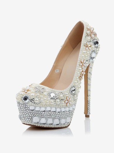 Women's White Patent Leather Pumps with Crystal/Crystal Heel/Pearl #UKM03030473