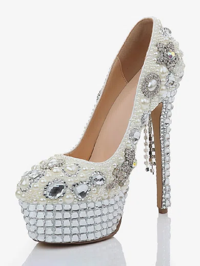 Women's White Patent Leather Platform with Crystal/Crystal Heel/Tassel #UKM03030474