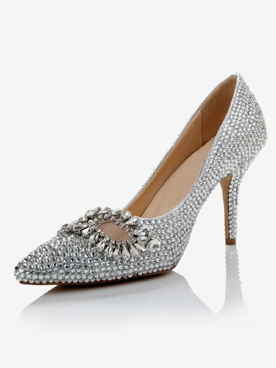 Women's Silver Real Leather Pumps with Crystal/Crystal Heel #UKM03030487