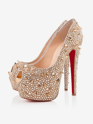 Women's Champagne Satin Pumps with Crystal/Crystal Heel/Rivet #UKM03030519