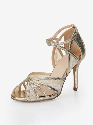 Women's Gold Sparkling Glitter Sandals with Buckle/Stitching Lace/Hollow-out #UKM03030551