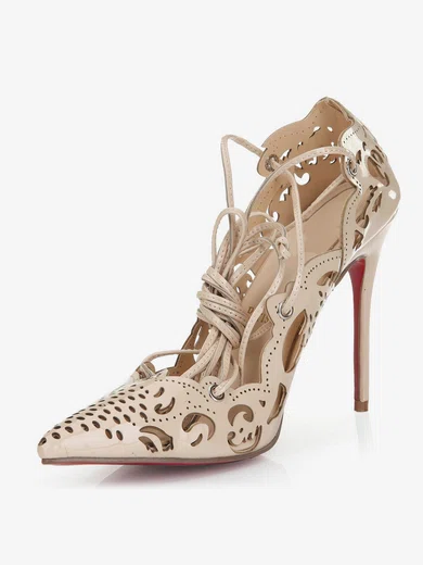 Women's Khaki Patent Leather Pumps with Lace-up/Hollow-out #UKM03030552