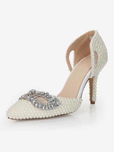 Women's White Patent Leather Pumps with Crystal/Hollow-out/Pearl #UKM03030554