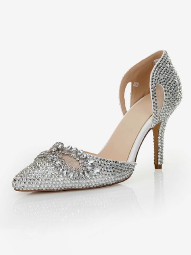 Women's Silver Satin Pumps with Crystal/Crystal Heel/Hollow-out #UKM03030555