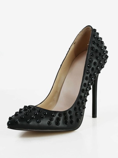Women's Black Real Leather Pumps with Rivet #UKM03030588