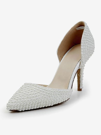 Women's White Patent Leather Pumps with Imitation Pearl #UKM03030590