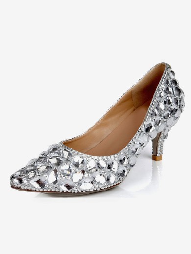 Women's Silver Real Leather Pumps with Crystal/Crystal Heel #UKM03030623