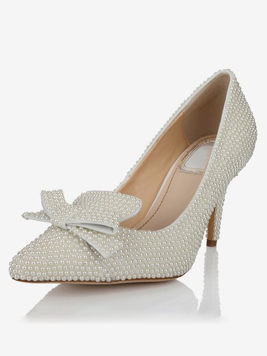 Women's White Patent Leather Pumps with Bowknot/Pearl #UKM03030637