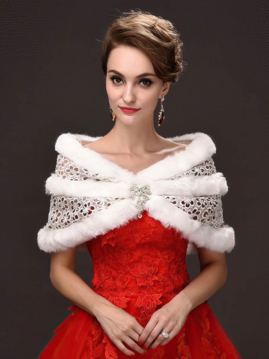 Faux Fur Off-the-Shoulder Sleeveless Shawl with Lace/Beading #UKM03040026