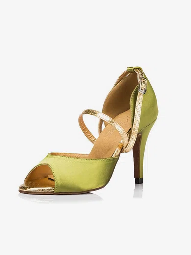 Women's Grass Green Satin Stiletto Heel Pumps #UKM03030664