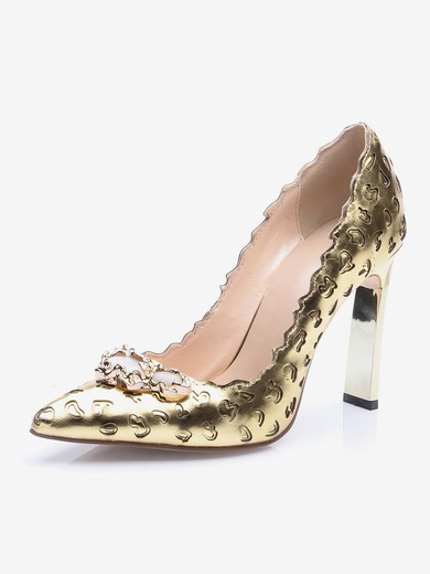 Women's Gold Real Leather Chunky Heel Pumps #UKM03030676