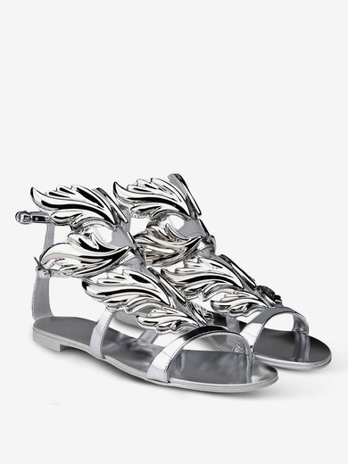 Women's Silver Patent Leather Flat Heel Sandals #UKM03030727