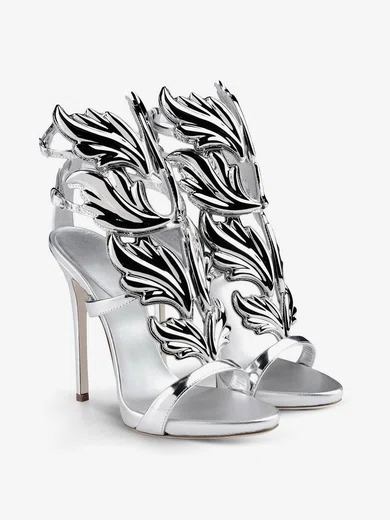Women's Silver Patent Leather Stiletto Heel Sandals #UKM03030728