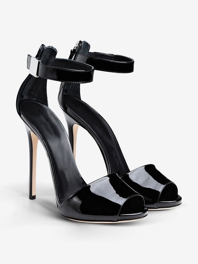 Women's Black Patent Leather Stiletto Heel Sandals #UKM03030733