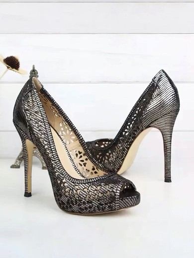 Women's Dark Gray Real Leather Stiletto Heel Pumps #UKM03030734