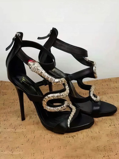 Women's Black Real Leather Stiletto Heel Sandals #UKM03030759