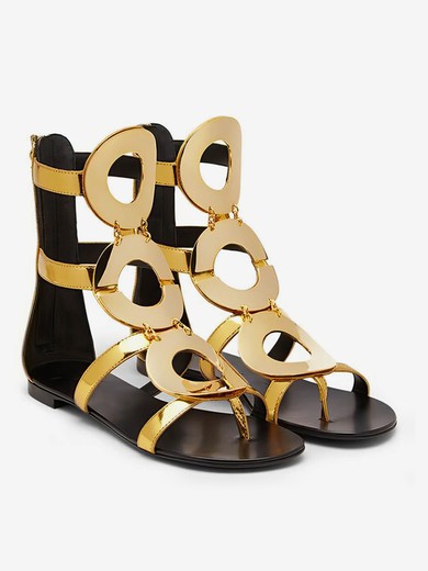 Women's Gold Patent Leather Flat Heel Sandals #UKM03030780