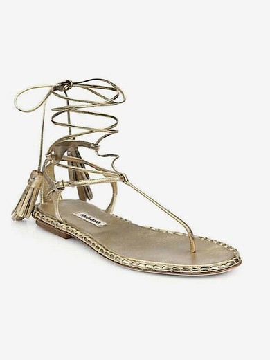 Women's Light Golden Real Leather Flat Heel Sandals #UKM03030818