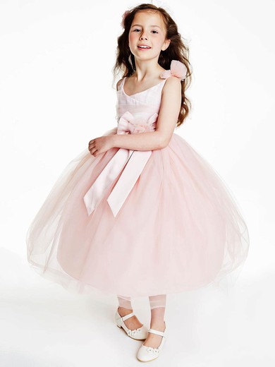 Fashion V-neck Pink Tulle Flower(s) Ball Gown Flower Girl Dress #UKM01031895