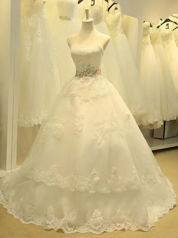 Ball Gown Straight Organza Sweep Train Wedding Dresses With Appliques Lace #UKM00022276