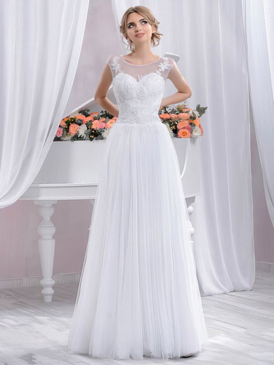 Scoop Neck Floor-length Tulle Appliques Lace White Pretty Wedding Dress #UKM00022403