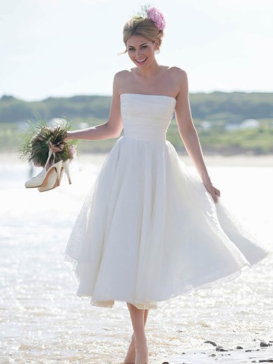Summer Tea-length Strapless Ruffles Ivory Tulle Wedding Dresses #UKM00022444