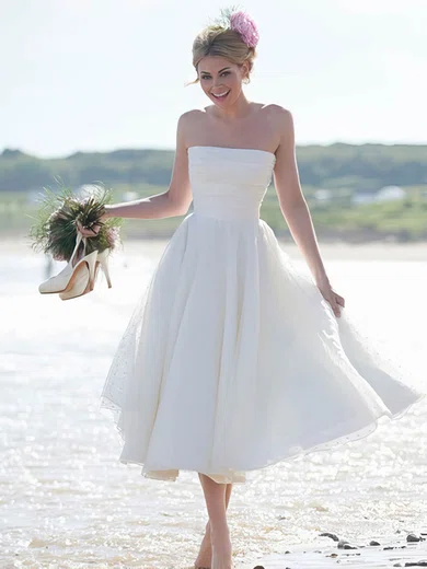 A-line Straight Tulle Tea-length Wedding Dresses With Ruffles #UKM00022444