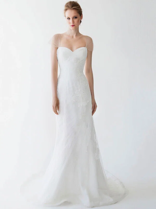 Trumpet/Mermaid Sweetheart Tulle Sweep Train Wedding Dresses With Appliques Lace #UKM00022454