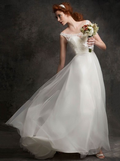 A-line Illusion Lace Tulle Floor-length Wedding Dresses With Sashes / Ribbons #UKM00022456