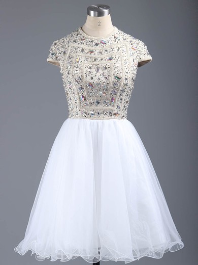 Short/Mini A-line Scoop Neck Tulle Crystal Detailing Short Sleeve Short Prom Dresses #UKM020101147