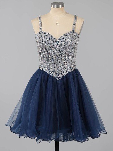 Beautiful A-line Sweetheart Tulle Short/Mini Beading Dark Navy Short Prom Dresses #UKM020101149