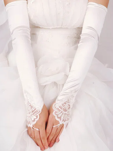 White Elastic Satin Opera Length Gloves with Beading/Sequins #UKM03120023