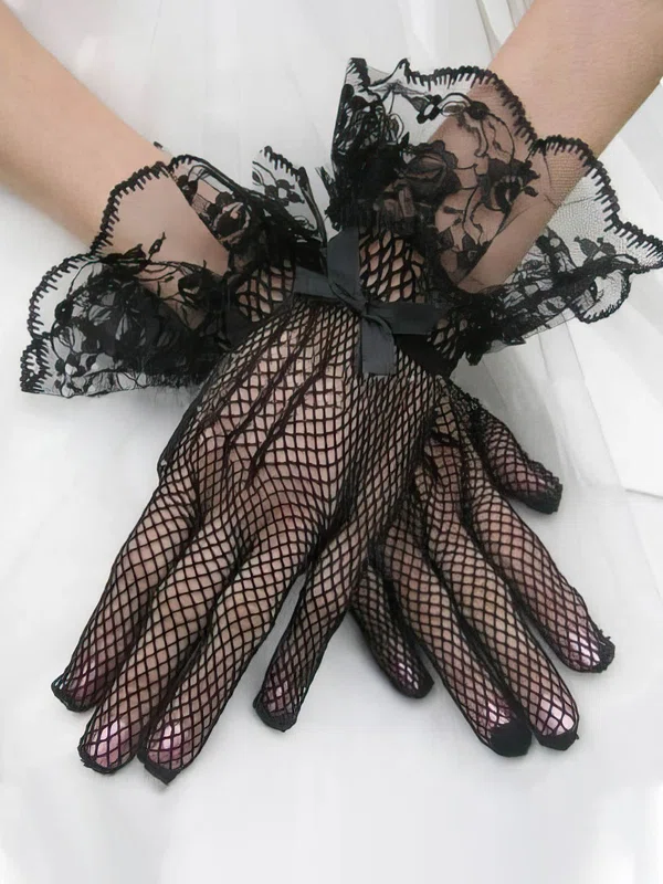White Tulle Wrist Length Gloves with Bow #UKM03120024