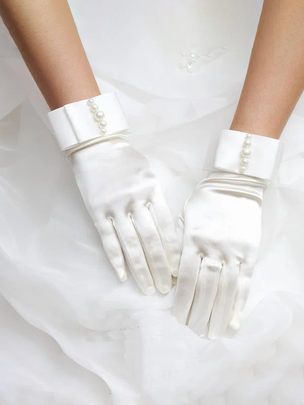 Ivory Satin Wrist Length Gloves with Pearls #UKM03120026