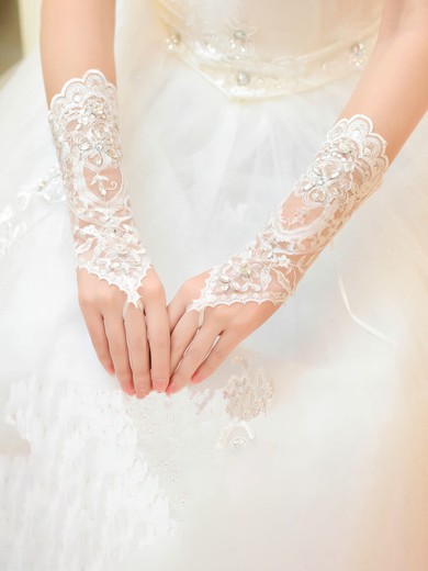 White Lace Wrist Length Gloves with Rhinestone #UKM03120027