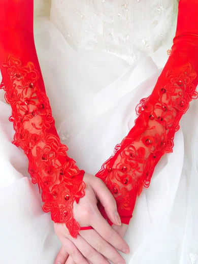 White Elastic Satin Opera Length Gloves with Sequins #UKM03120029